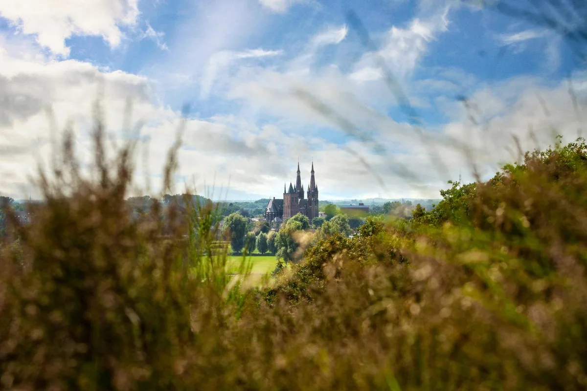 Uitzicht over het Land van Cuijk, met een kerk met twee torens boven de bomen